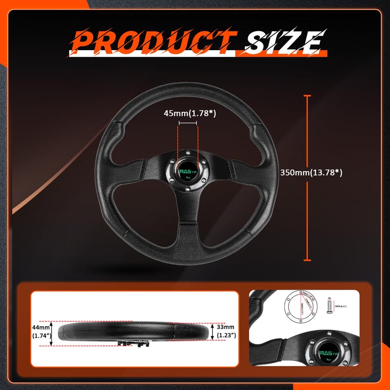 RASTP Universal Racing Steering Wheel 13.8â€/350mm 6 Bolts Grip Vinyl Leather & Aluminum with Horn Button for Car-Black - Image 5